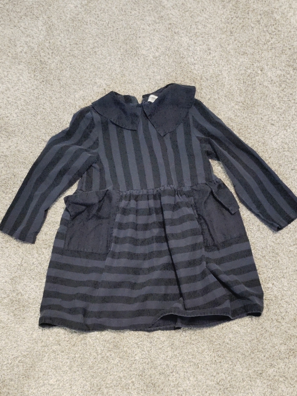 Motoreta Girls' Black and Navy Striped Long-Sleeve Dress with Peter Pan Collar